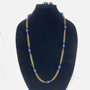 Vintage Contessa Beaded Chainlink Opera Necklace & Clip Earring Set Gold & Blue